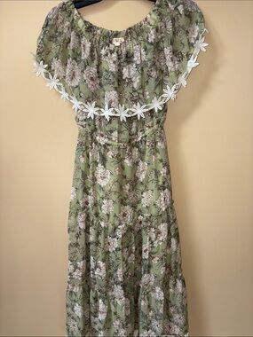 POL Olive Green Floral Off-Shoulder Dress with Daisy Trim